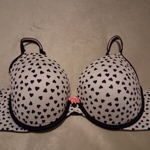 Victoria's Secret White Heart-Print Bra with Black Hearts and Pink Bow